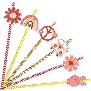 24pcs groovy straws groovy hippie boho party decorations daisy flower bus rainbow peace sign paper straws for groovy retro vintage birthday baby shower party supplies favors