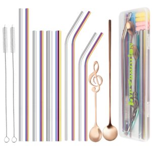 hypermotion reusable straws set, 10 pack different size stainless steel metal drinking straws with 6 silicone tips, 2 smoothie spoons, 2 cleaning brushes and case, for 20~30 oz tumbler