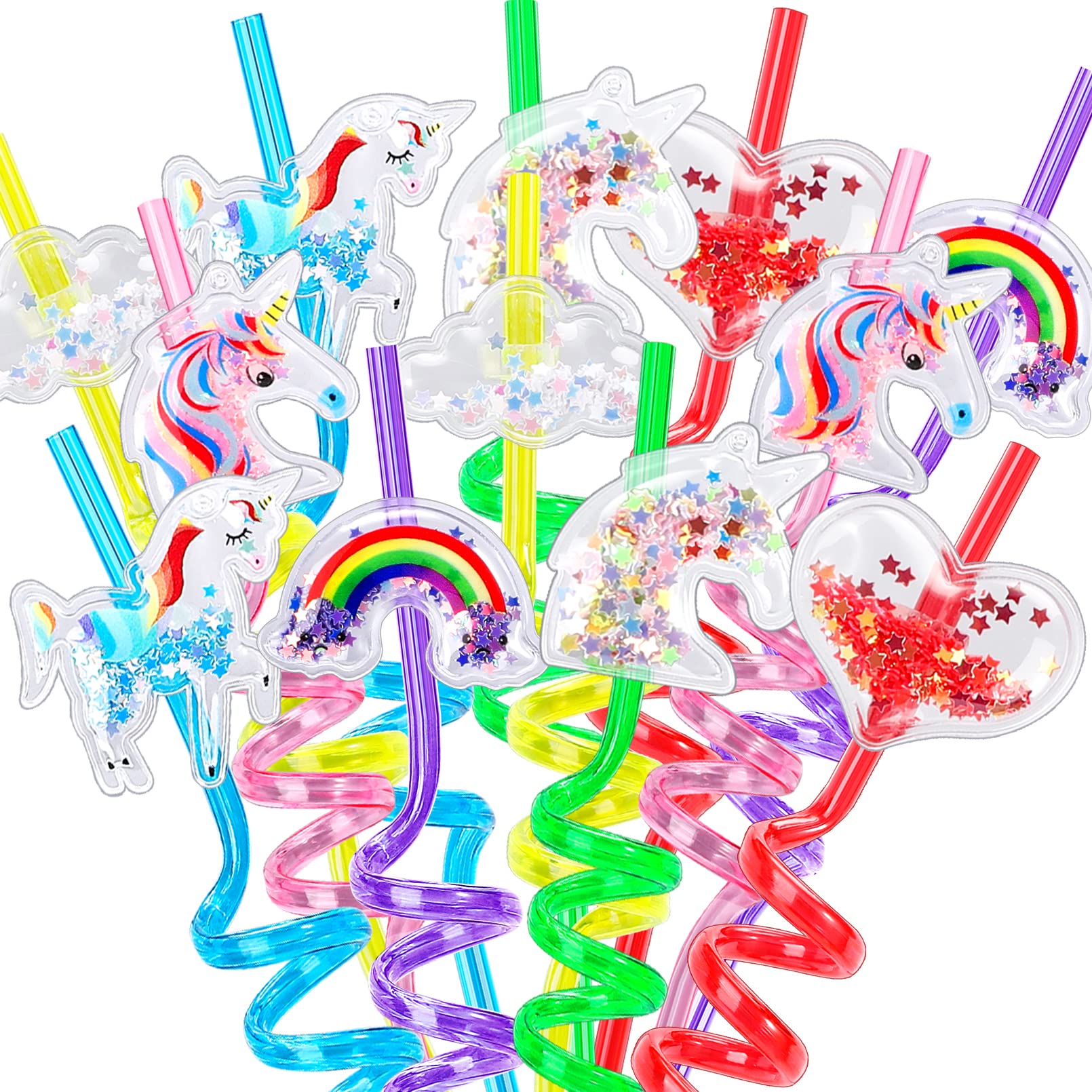 24 PCS Glitter Straws,Unicorn Heart Shaped Sparkly Drinking Straws,Reusable Drinking Plastic Straws Unicorn Rainbow Heart Cloud Shaped Design,Unicorn Party Favors for Kids Girls Pool Party Decorations