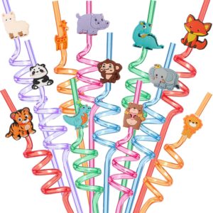 24 reusable jungle animal plastic straws for elephant fox dinosaur giraffe safari birthday party supplies favors,woodland party gift favor twisted straws with 4 cleaning brushes