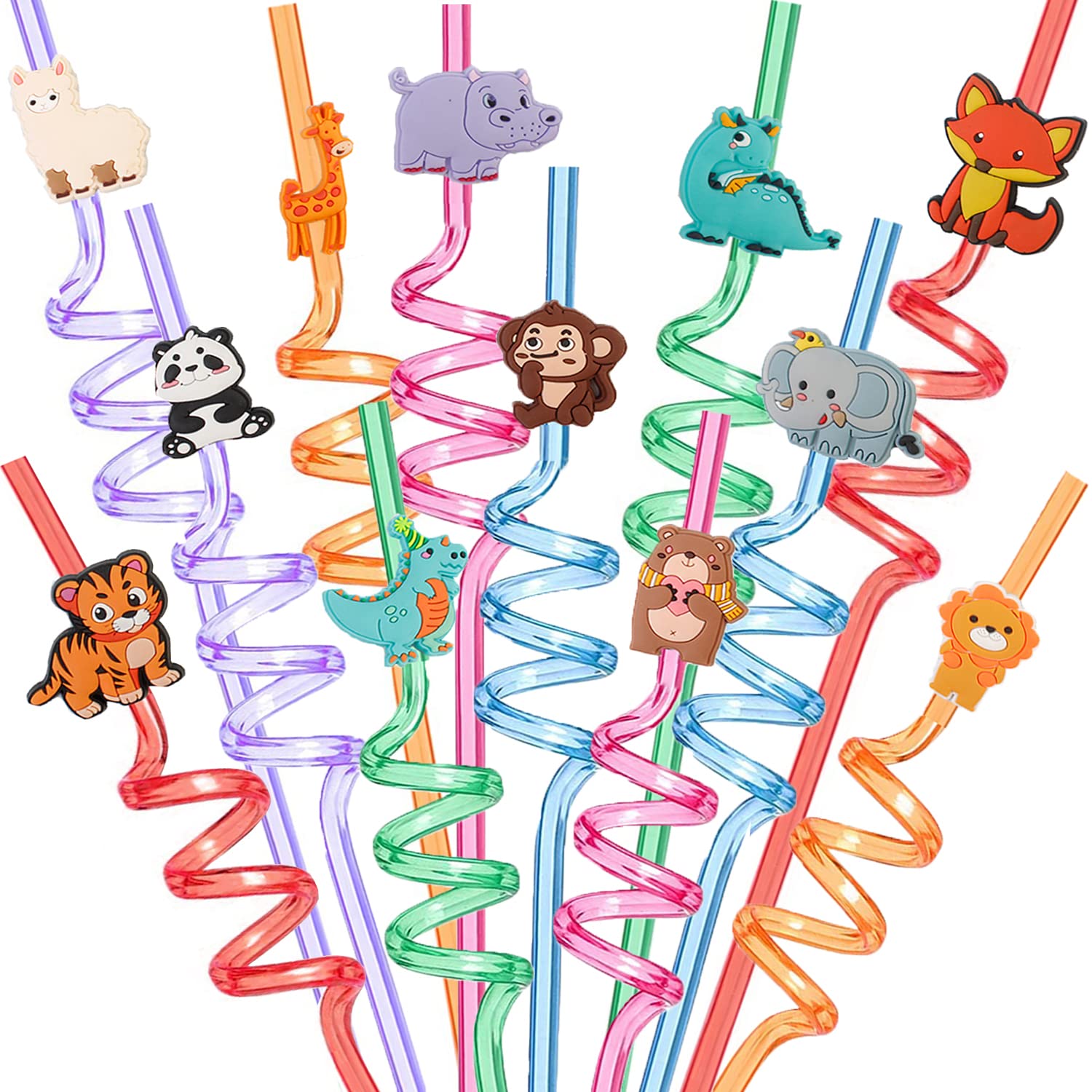 24 Reusable Jungle Animal Plastic Straws for Elephant Fox Dinosaur Giraffe Safari Birthday Party Supplies Favors,Woodland Party Gift Favor Twisted Straws with 4 Cleaning Brushes