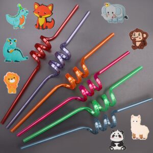 24 Reusable Jungle Animal Plastic Straws for Elephant Fox Dinosaur Giraffe Safari Birthday Party Supplies Favors,Woodland Party Gift Favor Twisted Straws with 4 Cleaning Brushes