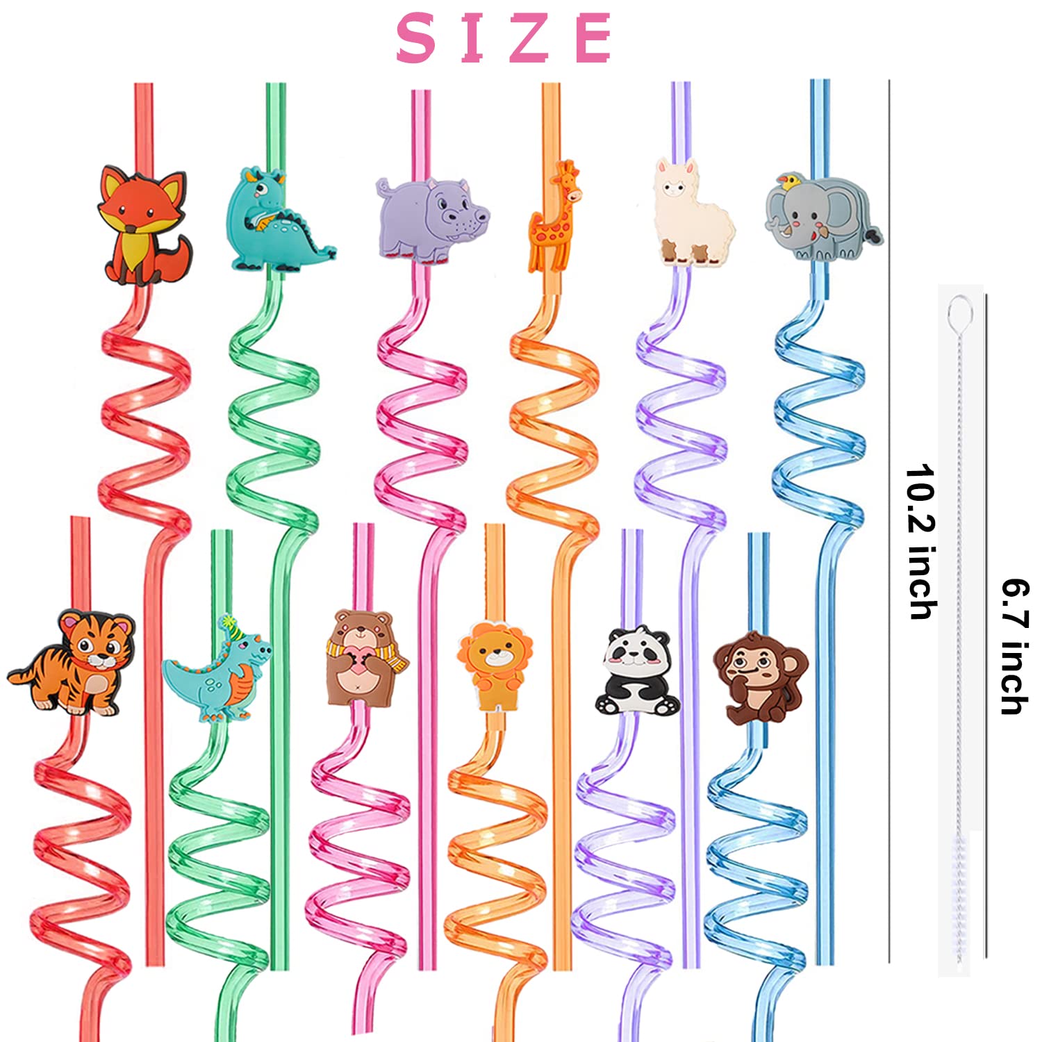 24 Reusable Jungle Animal Plastic Straws for Elephant Fox Dinosaur Giraffe Safari Birthday Party Supplies Favors,Woodland Party Gift Favor Twisted Straws with 4 Cleaning Brushes