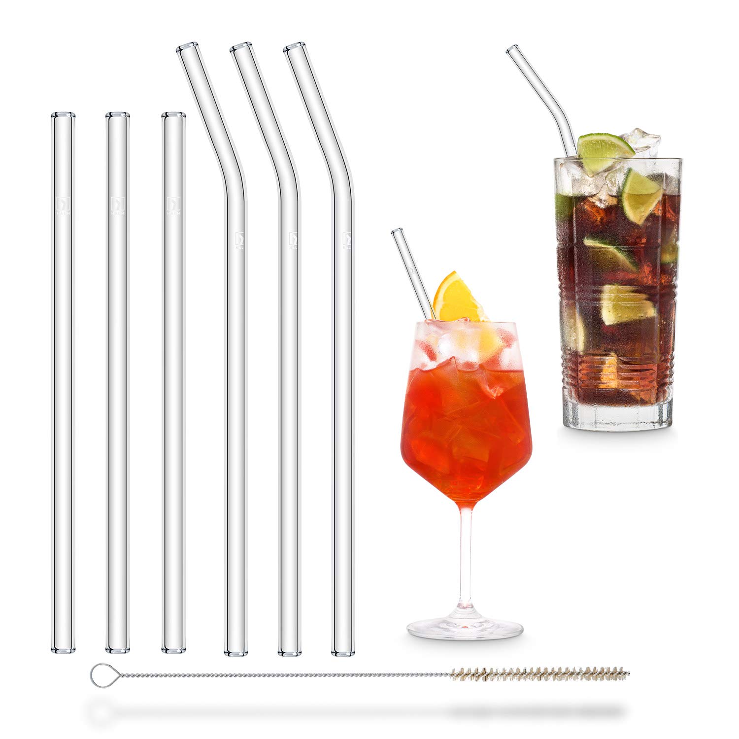 HALM Glass Straws - Variety Pack: 6 Reusable Drinking Straws in 2 Sizes + Plastic-Free Cleaning Brush - Made in Germany - Dishwasher Safe - Eco-Friendly - Perfect for Smoothies