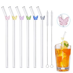 clear glass straws with design, 6pcs reusable straws, butterfly glass straw shatter resistant with 2 cleaning brush, cute straws with charms butterfly, bent drinking straws for smoothies juice