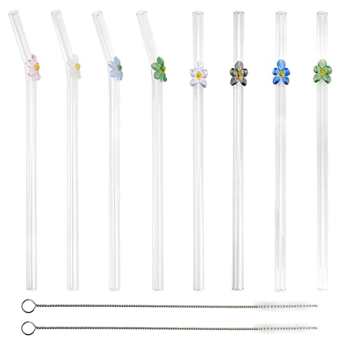 8 PCS Glass Straws with Design Reusable Straws with 2 Cleaning Brush Colorful Glass Straws Shatter Resistant Bar Accessories for Cocktail, Smoothies, Milkshakes, Juice (2 Styles)