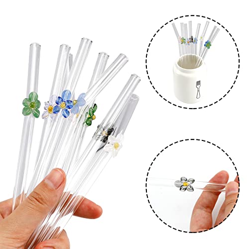 8 PCS Glass Straws with Design Reusable Straws with 2 Cleaning Brush Colorful Glass Straws Shatter Resistant Bar Accessories for Cocktail, Smoothies, Milkshakes, Juice (2 Styles)