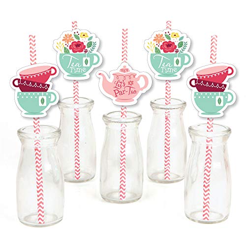 Big Dot of Happiness Floral Let’s Par-Tea - Paper Straw Decor - Garden Tea Party Striped Decorative Straws - Set of 24