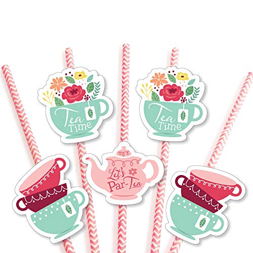 Big Dot of Happiness Floral Let’s Par-Tea - Paper Straw Decor - Garden Tea Party Striped Decorative Straws - Set of 24