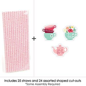 Big Dot of Happiness Floral Let’s Par-Tea - Paper Straw Decor - Garden Tea Party Striped Decorative Straws - Set of 24