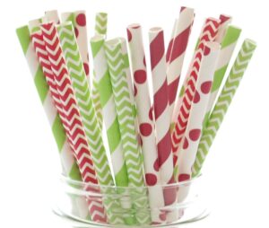 merry christmas straws (25 pack) - holiday favors, cake pop sticks, christmas decoration, candy cane red stripe & christmas tree green straws
