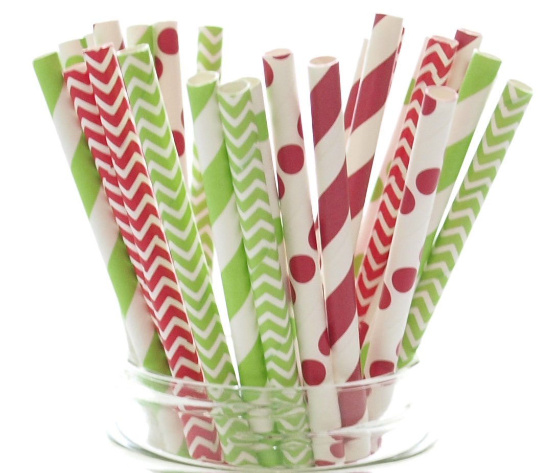 Merry Christmas Straws (25 pack) - Holiday Favors, Cake Pop Sticks, Christmas Decoration, Candy Cane Red Stripe & Christmas Tree Green Straws