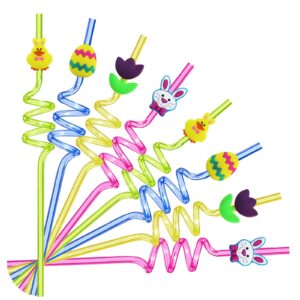 24pc easter party favors,silly straws for kids easter egg bunny straws chicken bunny egg and flower drinking straws for easter party supplies with (easter straw)