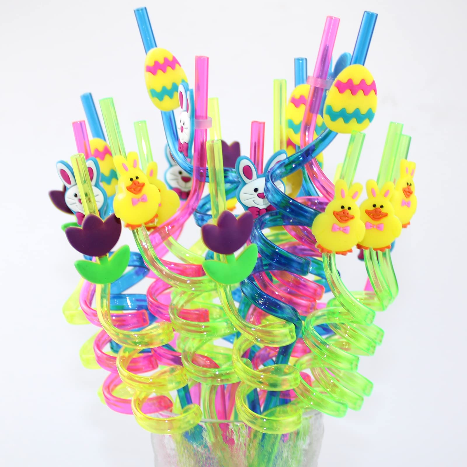 24PC Easter Party Favors,Silly Straws for Kids Easter Egg Bunny Straws Chicken Bunny Egg and Flower Drinking Straws for Easter Party Supplies with (Easter straw)