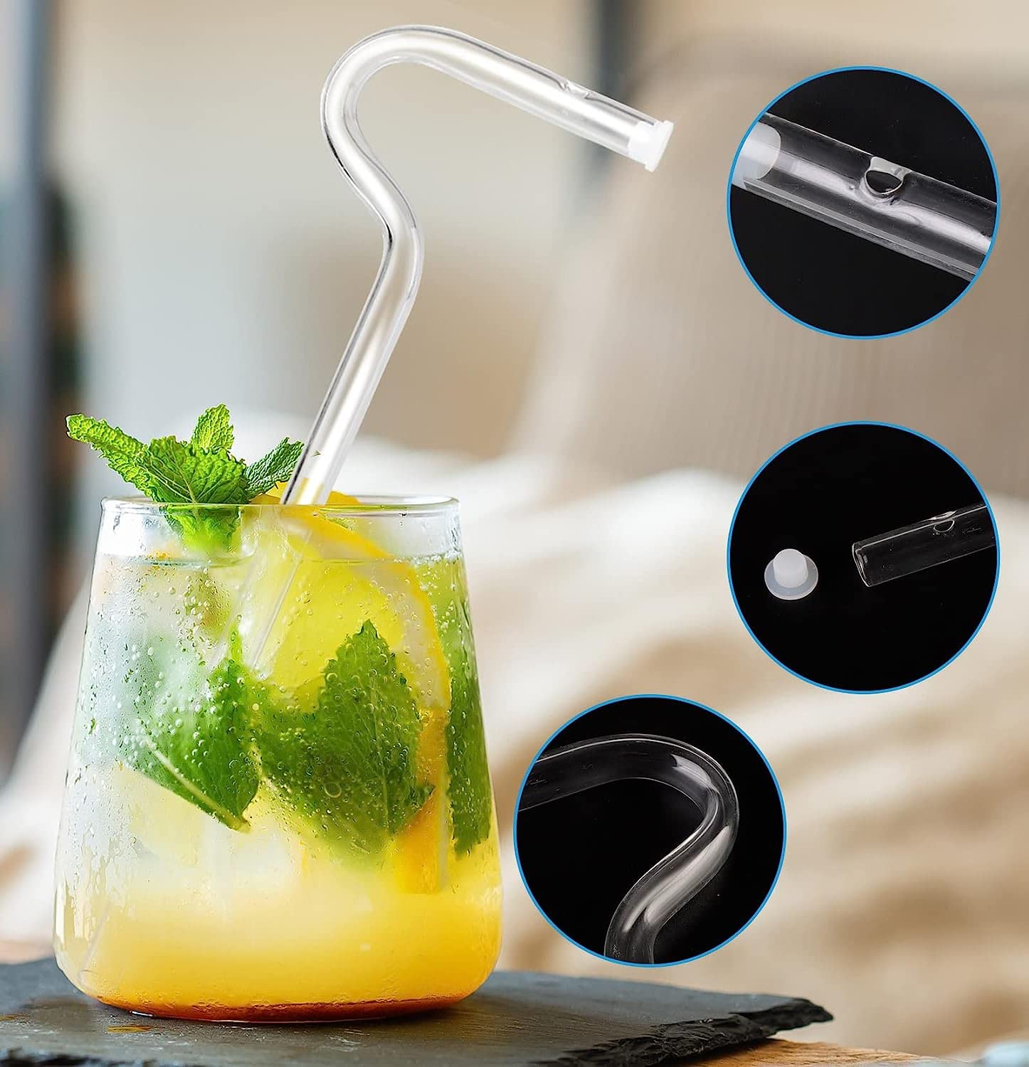 Anti wrinkle Straw (with cleaning brush), reusable glass straw, horizontal flute design, anti-lip wrinkle, suitable for all kinds of drinks (4 PCS)