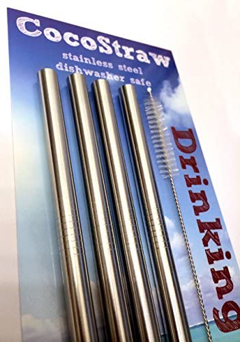 4 Stainless Steel Wide Smoothie Straws - CocoStraw Large Straight Frozen Drink Straw - 4 Pack + Cleaning Brush (4)