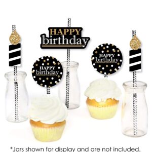 Adult Happy Birthday - Gold - Paper Straw Decor - Birthday Party Striped Decorative Straws - Set of 24