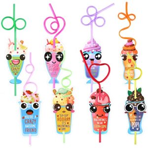 32pcs valentines day straws for kids, valentine's day crazy twisty straws with cards reusable drinking colorful straws valentine exchange gifts prizes for boys girls classroom school party favors