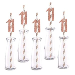 rose happy 11th birthday straw decor, rose gold glitter 24pcs cut-out number 11 party drinking decorative straws, supplies