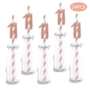 Rose Happy 11th Birthday Straw Decor, Rose Gold Glitter 24pcs Cut-Out Number 11 Party Drinking Decorative Straws, Supplies
