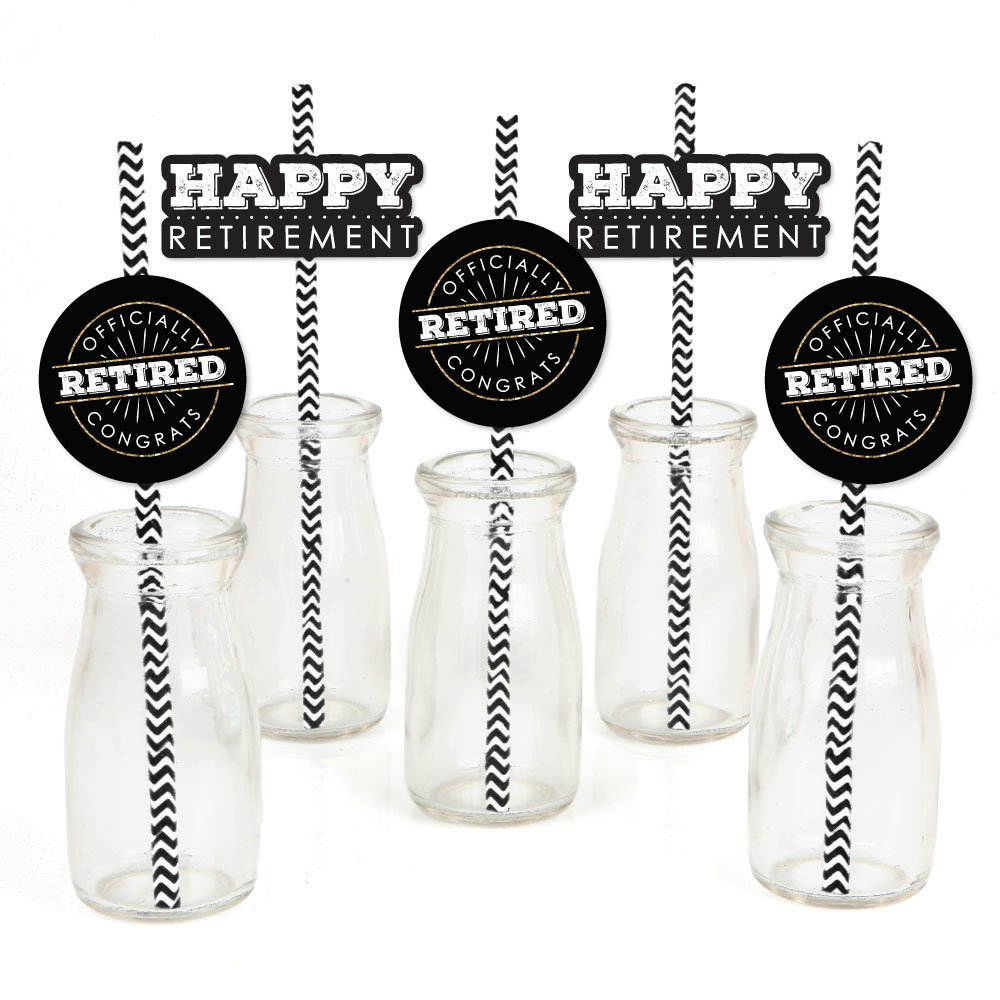 Happy Retirement - Paper Straw Decor - Retirement Party Striped Decorative Straws - Set of 24