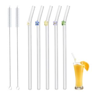 glass straws,5pcs flower glass straws shatter resistant with 2 cleaning brushes,reusable glass drinking straws for smoothies coffee milkshakes juice
