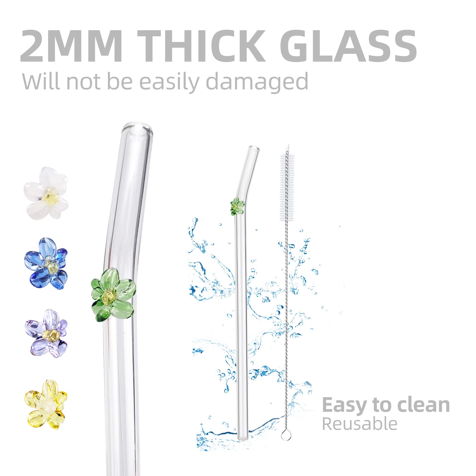 Glass Straws,5PCS Flower Glass Straws Shatter Resistant with 2 Cleaning Brushes,Reusable Glass Drinking Straws for Smoothies Coffee Milkshakes Juice