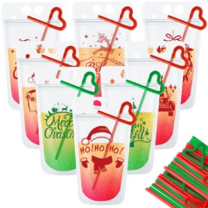 spiareal 24 set christmas drink pouches for adult with straw, drink bags reclosable plastic drink pouches xmas juice pouch for christmas party new year beverage juice cocktail