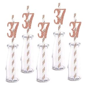rose happy 37th birthday straw decor, rose gold glitter 24pcs cut-out number 37 party drinking decorative straws, supplies