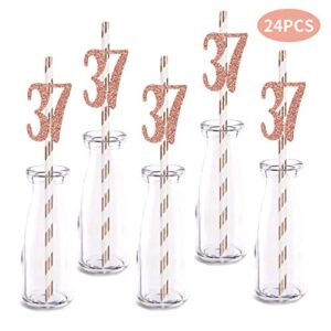 Rose Happy 37th Birthday Straw Decor, Rose Gold Glitter 24pcs Cut-Out Number 37 Party Drinking Decorative Straws, Supplies
