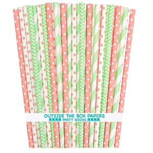 pink mint green and white paper straws - stripe chevron polka dot - wedding baby shower birthday party supply - 100 pack - outside the box papers brand