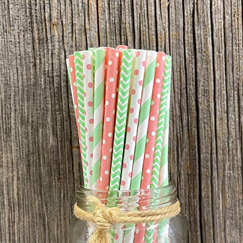 Pink Mint Green and White Paper Straws - Stripe Chevron Polka Dot - Wedding Baby Shower Birthday Party Supply - 100 Pack - Outside the Box Papers Brand