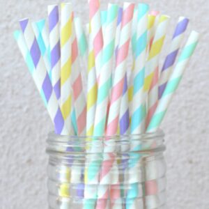 125 pcs mixed 5 colors perfectly pastel party paper straws, light pink blue mint green lilac yellow striped drinking straws bulk, easter spring boy girl birthday baby shower stripe cake pop sticks
