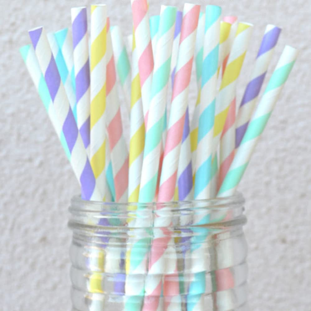 125 pcs Mixed 5 Colors Perfectly Pastel Party Paper Straws, Light Pink Blue Mint Green Lilac Yellow Striped Drinking Straws Bulk, Easter Spring Boy Girl Birthday Baby Shower Stripe Cake Pop Sticks