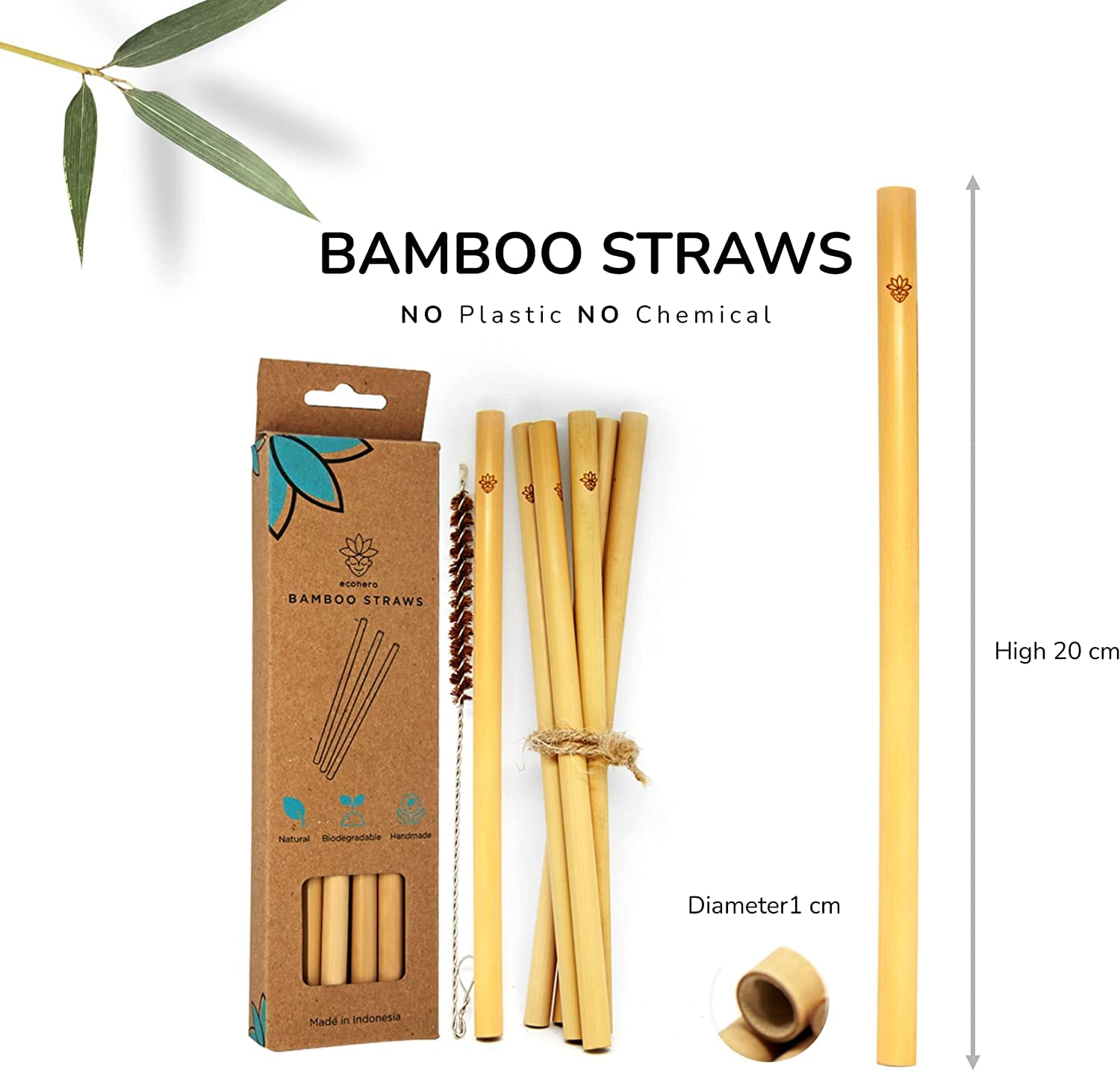 Reusable Bamboo Straws ECOHERO| Reusable Straw Cleaning brush, Handcrafted Bamboo Straw| Eco-Friendly Straws with Zero-Waste Packaging Biodegradable Straws Thick Organic Straws| 12 units large straws.