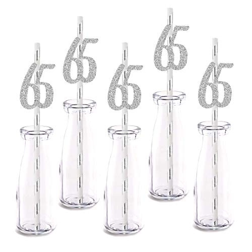 Silver Happy 65th Birthday Straw Decor, Silver Glitter 24pcs Cut-Out Number 65 Party Drinking Decorative Straws, Supplies