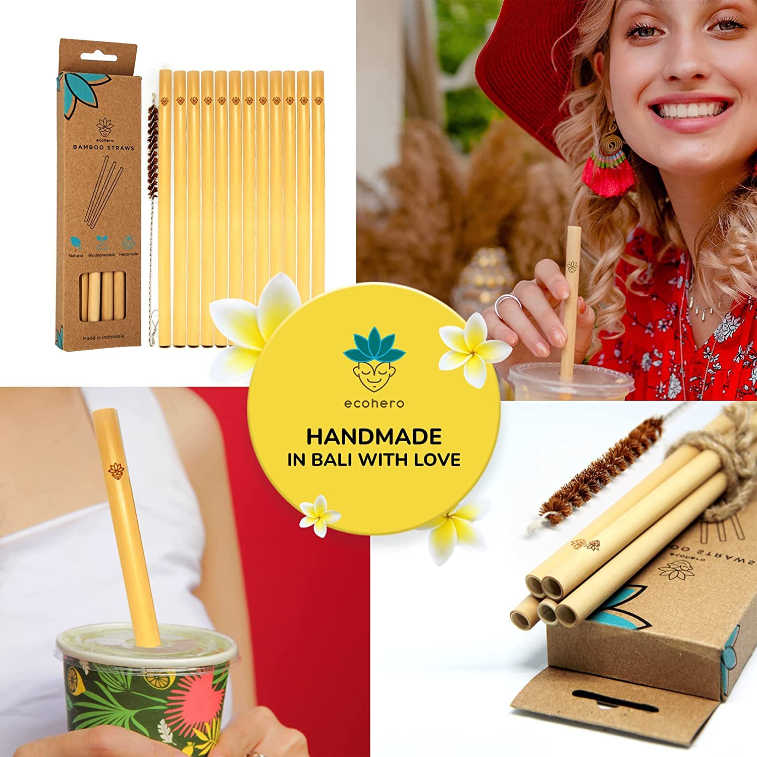 Reusable Bamboo Straws ECOHERO| Reusable Straw Cleaning brush, Handcrafted Bamboo Straw| Eco-Friendly Straws with Zero-Waste Packaging Biodegradable Straws Thick Organic Straws| 12 units large straws.