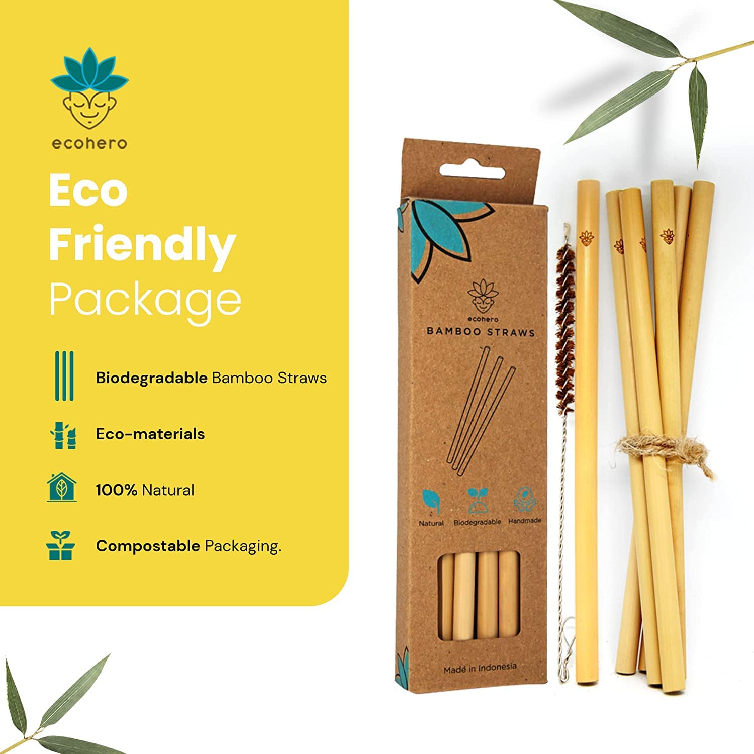 Reusable Bamboo Straws ECOHERO| Reusable Straw Cleaning brush, Handcrafted Bamboo Straw| Eco-Friendly Straws with Zero-Waste Packaging Biodegradable Straws Thick Organic Straws| 12 units large straws.