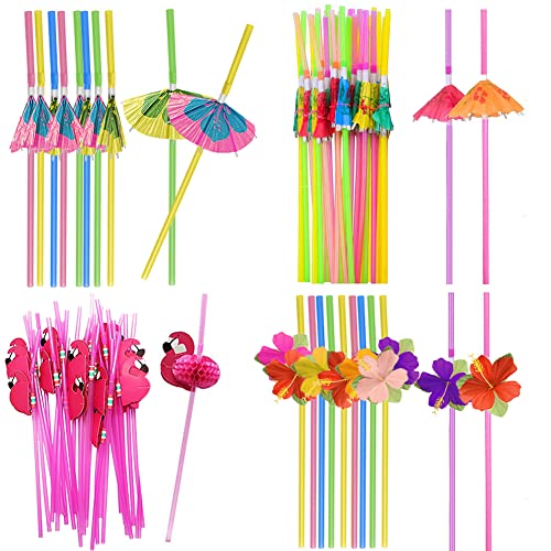 DelightBox 4 Dozen Assorted Tropical Drinking Straws Wedding Hawaiian Umbrella Flamingo Flower