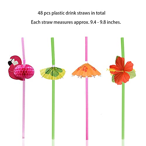 DelightBox 4 Dozen Assorted Tropical Drinking Straws Wedding Hawaiian Umbrella Flamingo Flower