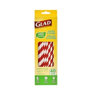 glad eco-friendly paper straws | 6 pack biodegradable paper straws | red and white striped straws, 40 ct per pack | 240 straws total | red and white straws, drinking paper straws