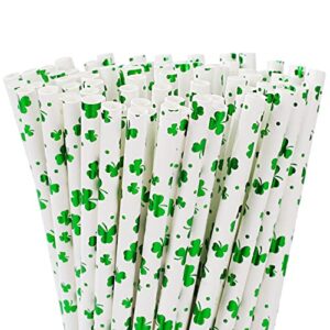 whaline 200pcs st. patrick's day paper straws foil green shamrocks disposable straws clover print white drinking straws irish holiday decorative straws for beverages cocktail birthday party supplies