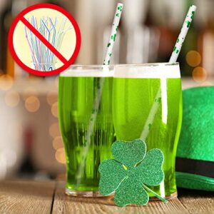 Whaline 200Pcs St. Patrick's Day Paper Straws Foil Green Shamrocks Disposable Straws Clover Print White Drinking Straws Irish Holiday Decorative Straws for Beverages Cocktail Birthday Party Supplies