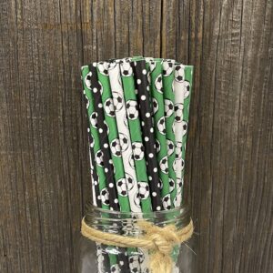 Soccer Ball Paper Straws - White Black Green - Soccer Party Supply - 100 Pack Outside the Box Papers