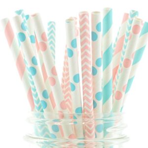 Boy/Girl Baby Shower Straws, Pink & Blue Paper Straws (50 Pack) - Twins or Unisex Straws, Barbershop Striped Straws, Baby Shower Party Favors