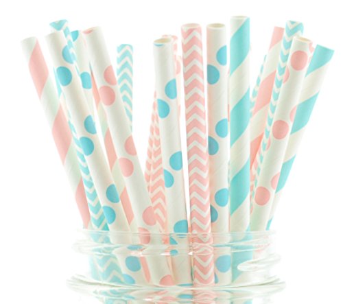 Boy/Girl Baby Shower Straws, Pink & Blue Paper Straws (50 Pack) - Twins or Unisex Straws, Barbershop Striped Straws, Baby Shower Party Favors