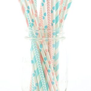 Boy/Girl Baby Shower Straws, Pink & Blue Paper Straws (50 Pack) - Twins or Unisex Straws, Barbershop Striped Straws, Baby Shower Party Favors