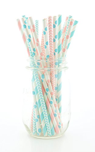 Boy/Girl Baby Shower Straws, Pink & Blue Paper Straws (50 Pack) - Twins or Unisex Straws, Barbershop Striped Straws, Baby Shower Party Favors