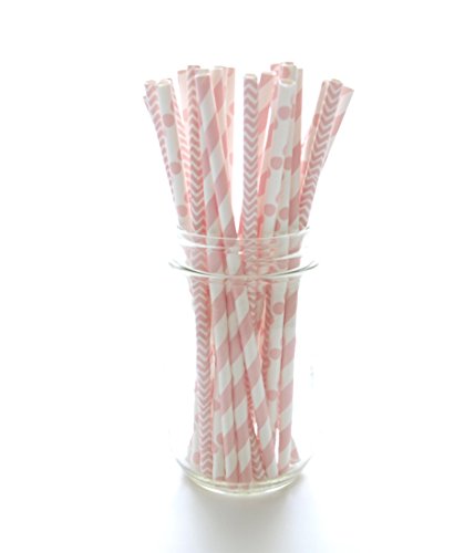 Boy/Girl Baby Shower Straws, Pink & Blue Paper Straws (50 Pack) - Twins or Unisex Straws, Barbershop Striped Straws, Baby Shower Party Favors