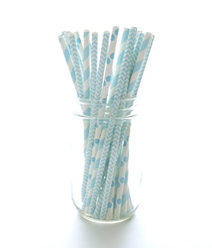 Boy/Girl Baby Shower Straws, Pink & Blue Paper Straws (50 Pack) - Twins or Unisex Straws, Barbershop Striped Straws, Baby Shower Party Favors